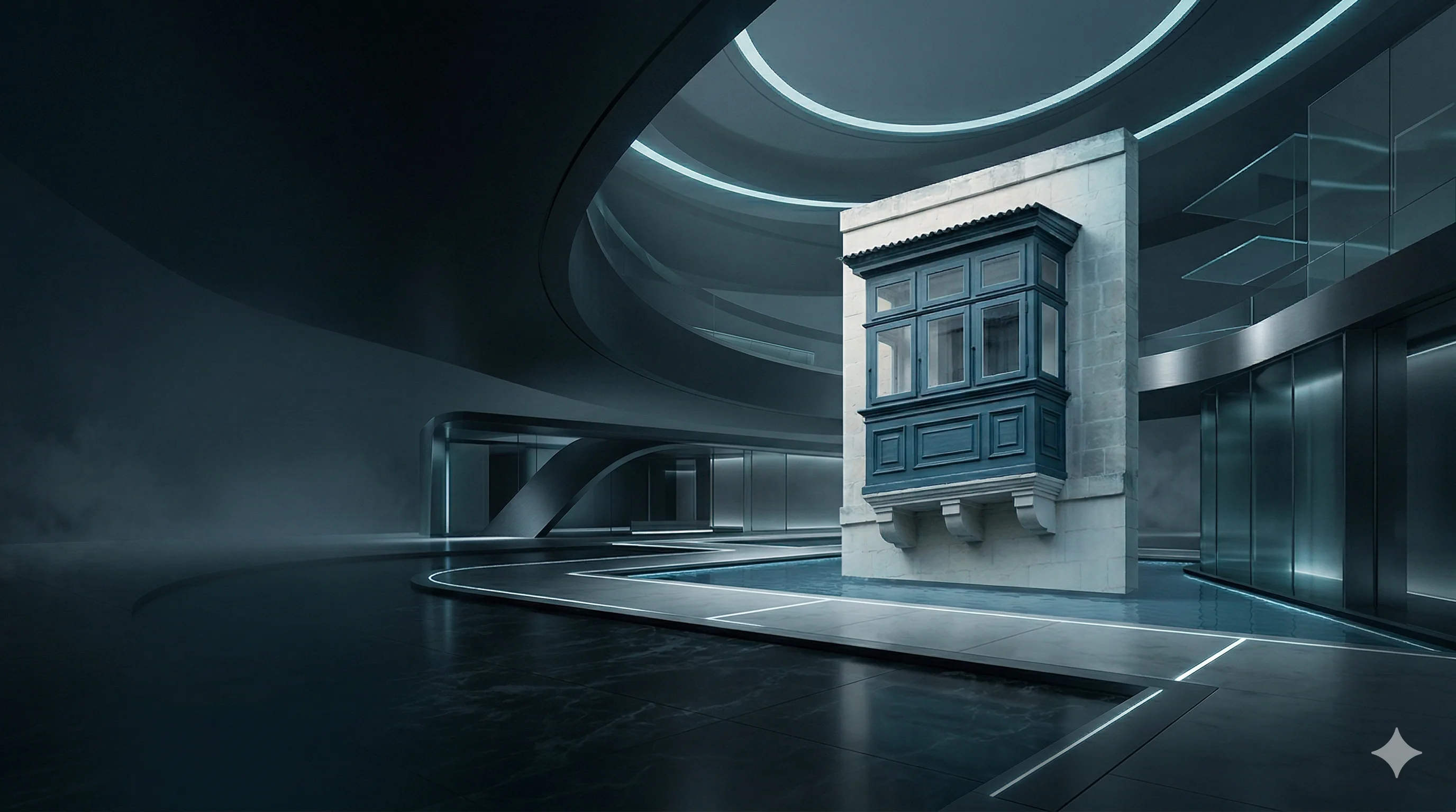A traditional Maltese gallarija, the enclosed wooden balcony, painted in cool slate-blue on a fragment of limestone facade, set inside a contemporary architectural space with curved walls, peacock-tinted ring lighting, glass walls, and a still reflecting pool. Heritage anchored inside a modern operational apparatus.