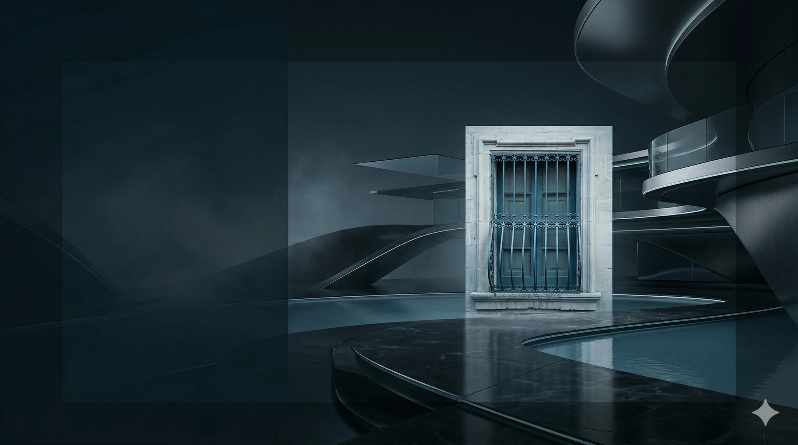 A limestone window with a traditional Maltese wrought-iron grille set against sweeping sculptural curved architectural forms, with blue-teal edge lighting along the curves. An intimate threshold: the quiet considered space where you meet the people who run the firm.