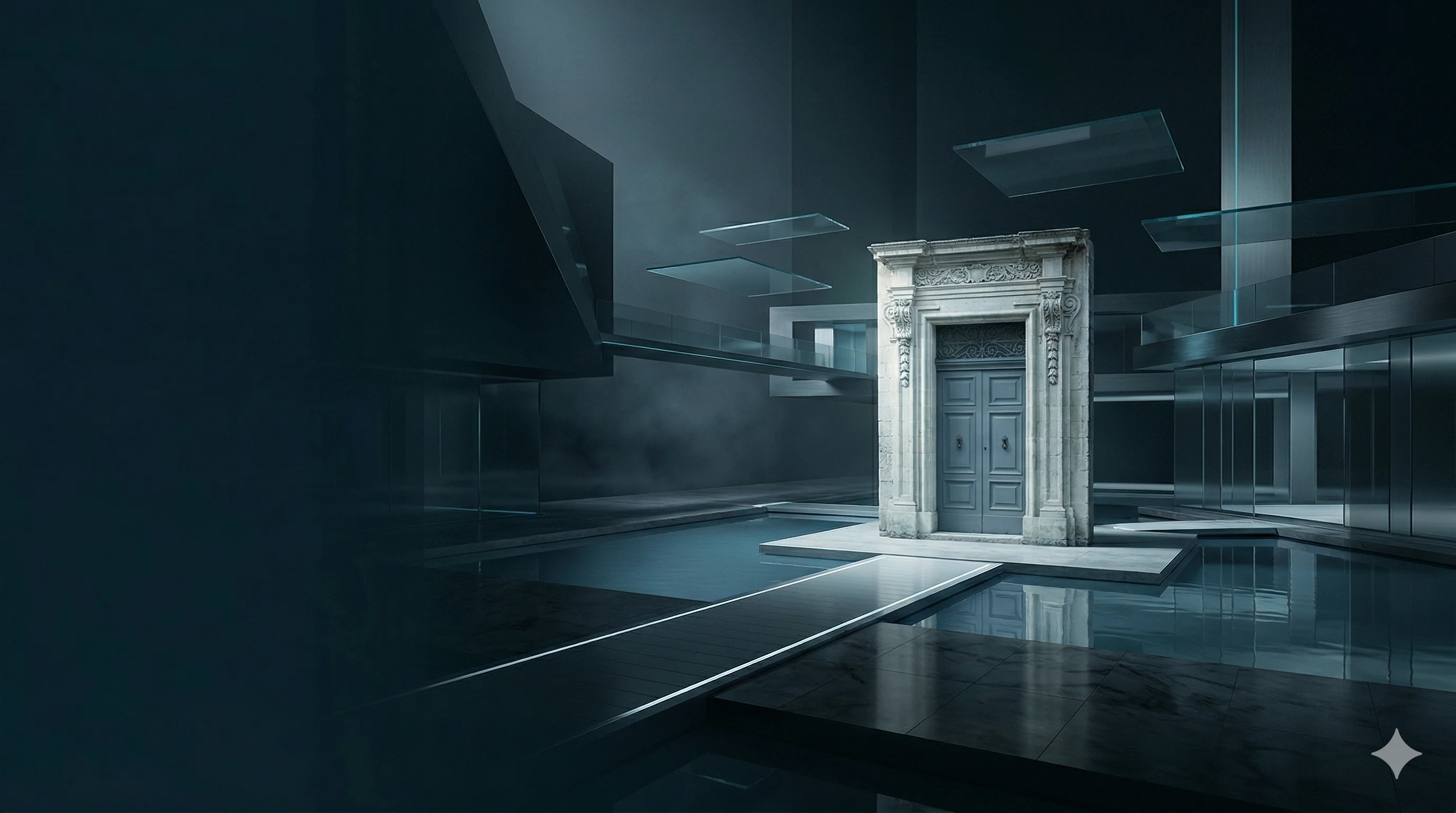 A single Maltese baroque limestone doorway with ornate carved surround and wooden double doors, raised on a platform inside a dark institutional hall with mezzanine levels above and rectangular glass panels suspended overhead. The firm as a formal threshold: walk through this door, enter the relationship.