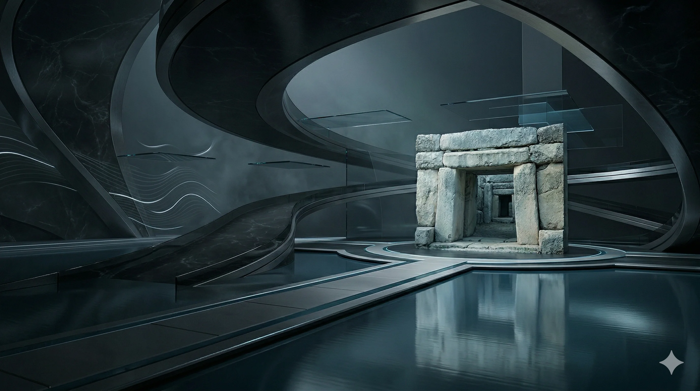 A prehistoric Maltese megalithic trilithon - two massive upright stones with a horizontal lintel above, in the form of the Neolithic temples of Malta - set inside a dark contemporary architectural space with sweeping curved forms and a still reflecting pool leading up to the entrance. Malta's ancient continuous heritage anchored inside a modern institutional future.